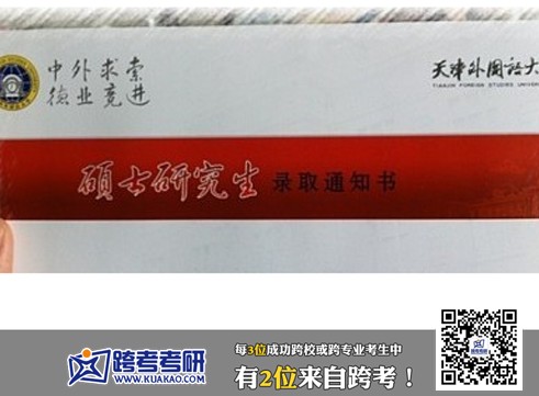 天津外国语大学2013年考研录取通知书(跨考优